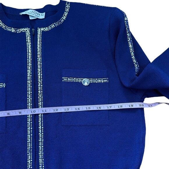 ST. JOHN Size 14 Royal Blue Made In USA Rhinestone Trimmed Knit Jumpsuit Pockets - Picture 15 of 16